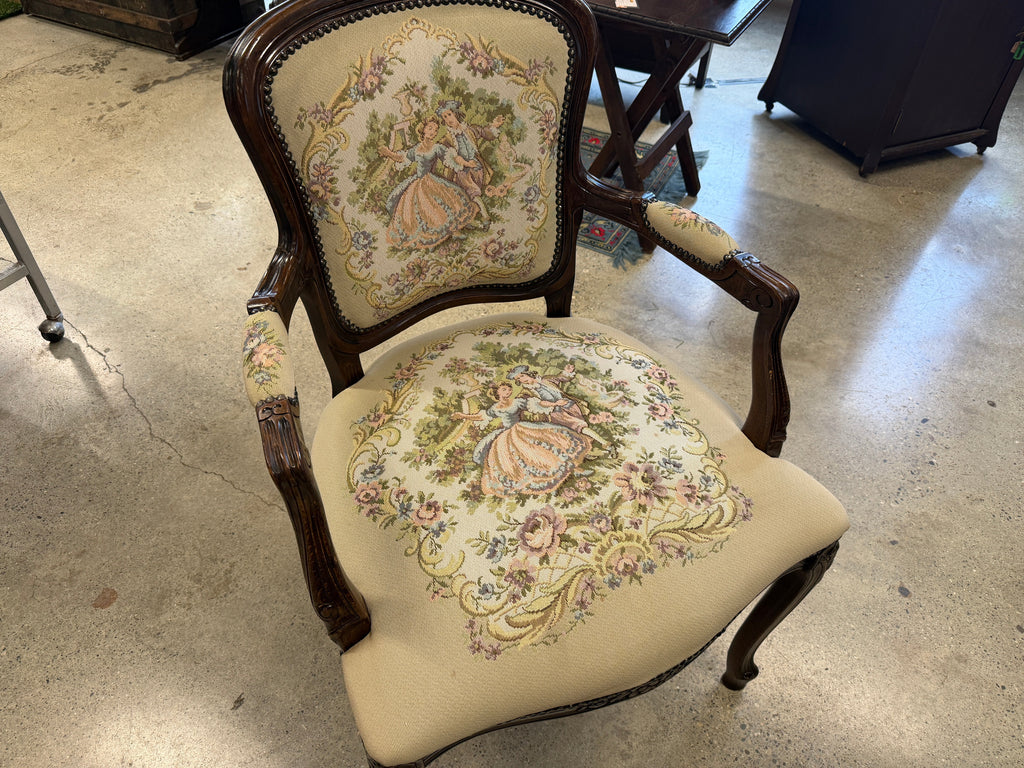 Antique French Louis XV fauteuil armchair with needlepoint tapestry pastoral scene upholstery