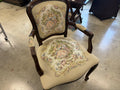 Antique French Louis XV fauteuil armchair with needlepoint tapestry pastoral scene upholstery