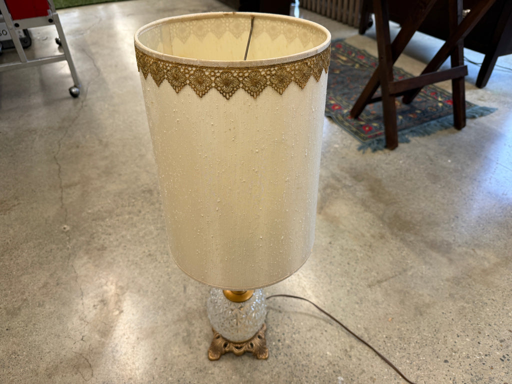 Vintage Hollywood Regency crystal prism table lamp with cream shade and gold lace trim