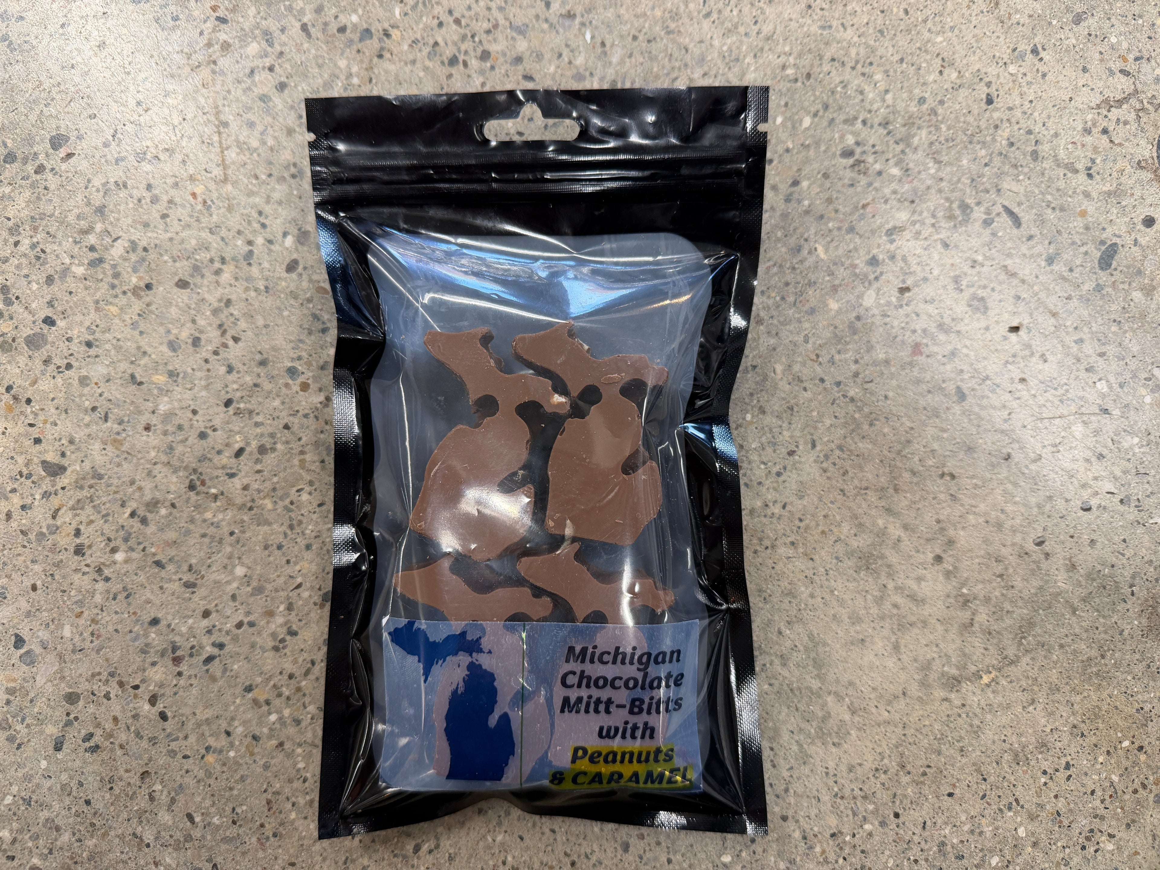 Michigan Chocolate Mitt-Bitts with Peanuts and Caramel in resealable black bag