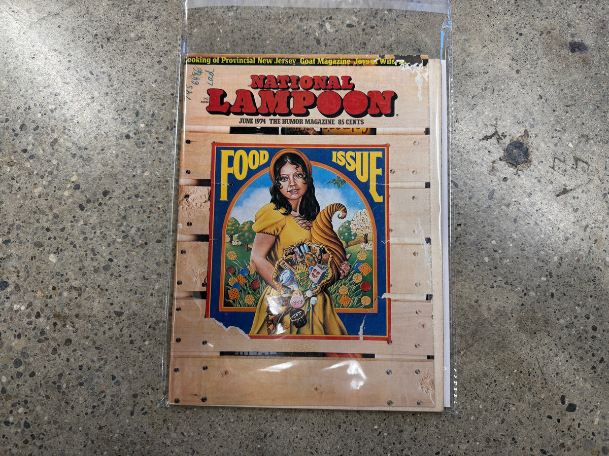 National Lampoon Food Issue June 1974, produce crate label cover illustration, bagged and boarded