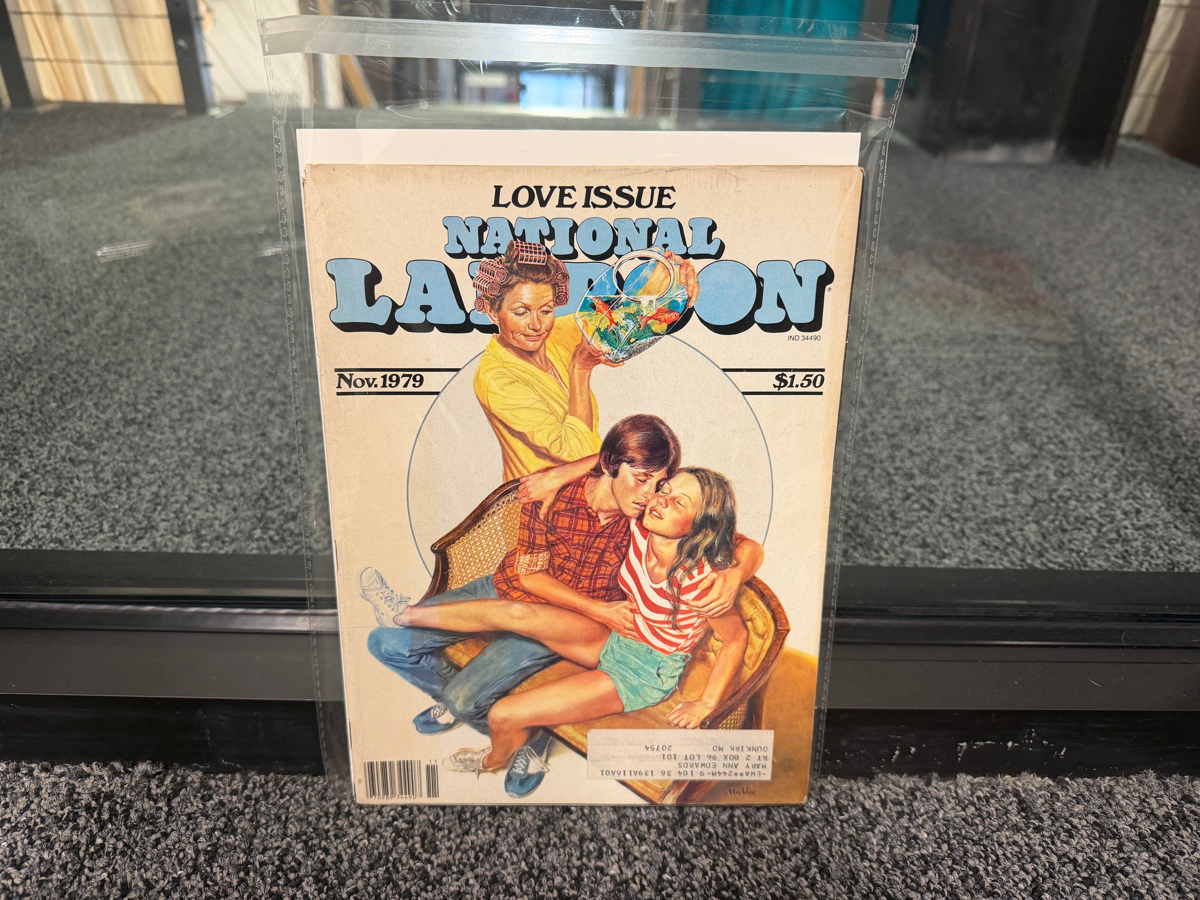 National Lampoon November 1979 Love Issue cover with couple kissing and mom walking in