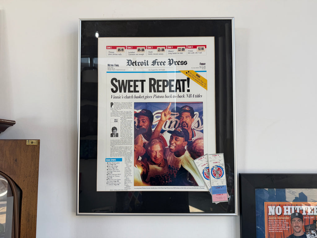 Detroit Pistons “Sweet Repeat!” — Framed Detroit Free Press Front Page with 1989–90 Playoff Ticket Stubs