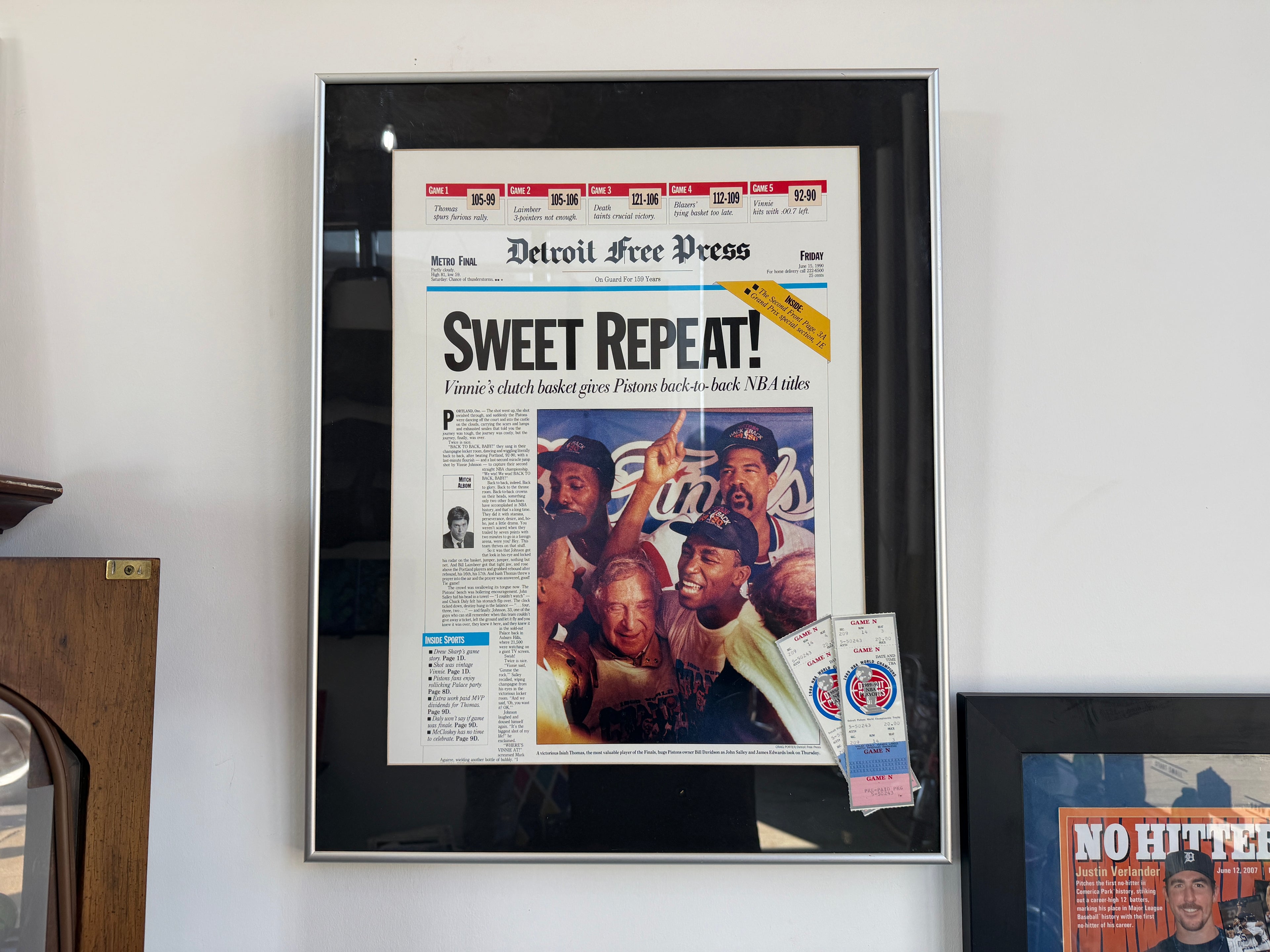 Detroit Pistons “Sweet Repeat!” — Framed Detroit Free Press Front Page with 1989–90 Playoff Ticket Stubs