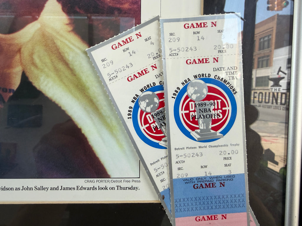 Detroit Pistons “Sweet Repeat!” — Framed Detroit Free Press Front Page with 1989–90 Playoff Ticket Stubs