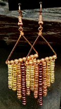 Handmade large fringe earrings by Sweet Sinister — gold and burgundy seed bead fringe on triangle hoop