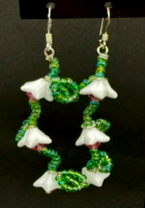 Handmade white flower vine earrings by Sweet Sinister — green seed bead vine with white trumpet flower beads