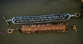 Handmade crystal beaded bracelets by Sweet Sinister — silver/blue macramé style and brown/copper beaded, both with toggle clasps