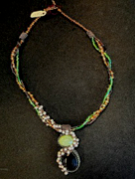 Handmade green turquoise and pearl necklace by Sweet Sinister — twisted multi-strand with large dark amethyst pendant drop
