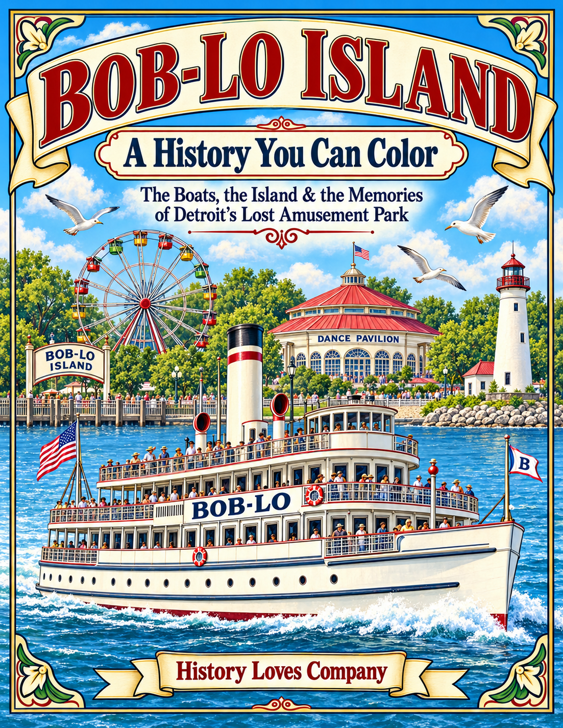 Cover of Bob-Lo Island: A History You Can Color, showing a Bob-Lo boat, dance pavilion, Ferris wheel and lighthouse.