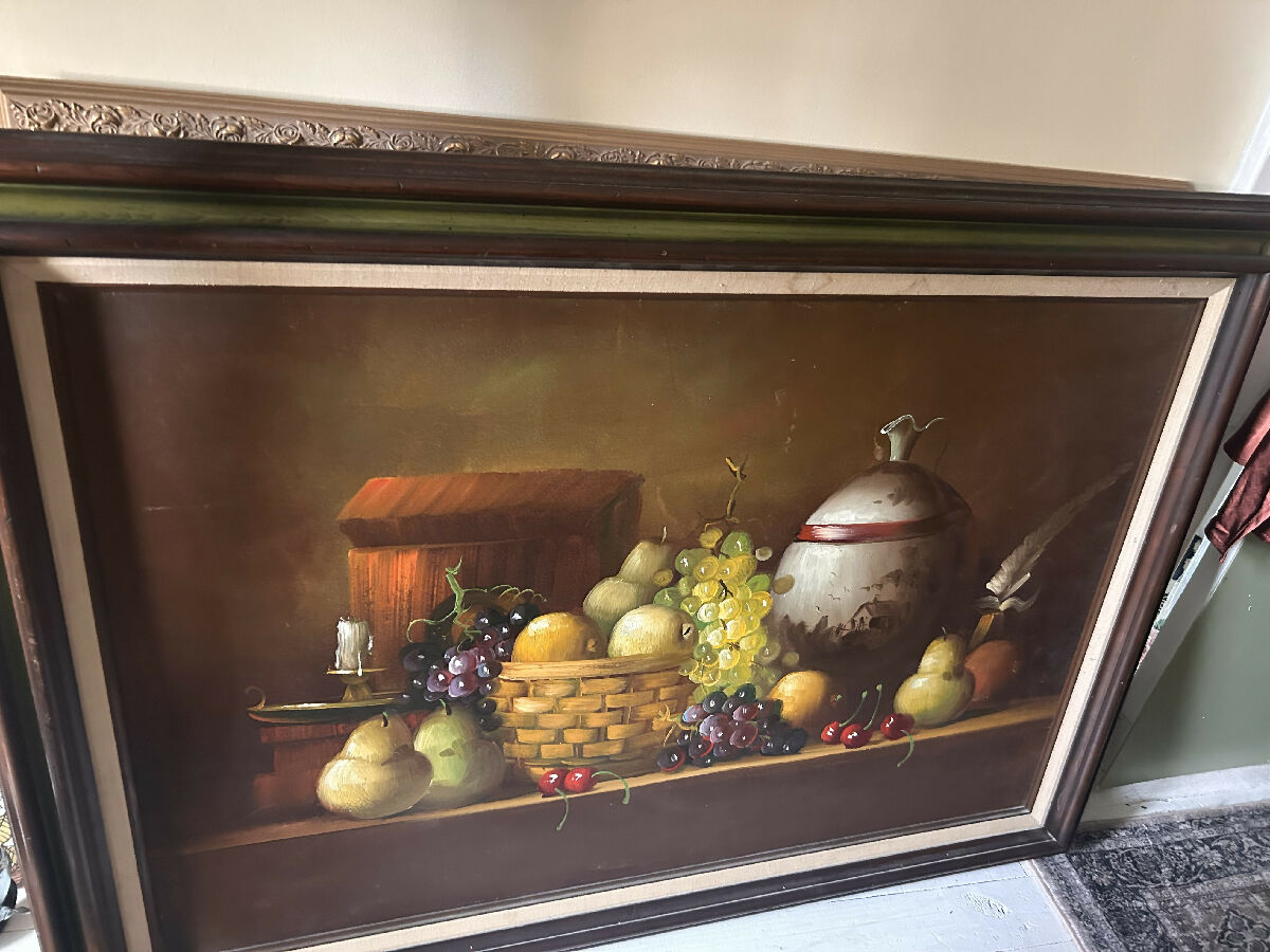 Vintage oil painting still life Fruit dark frame